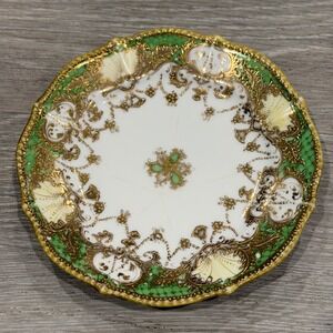 Antique Porcelain Bread Plate Green Gold Gilt Moriage Scalloped 6.25 inch Deco